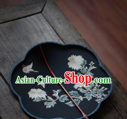 China Classical Navy Silk Palace Fan Traditional Hanfu Fan Handmade Embroidered Chrysanthemum Fan