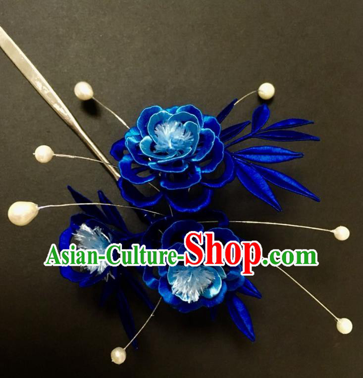 China Handmade Royalblue Silk Peony Hairpin Traditional Qing Dynasty Hair Accessories Ancient Imperial Concubine Hair Clip