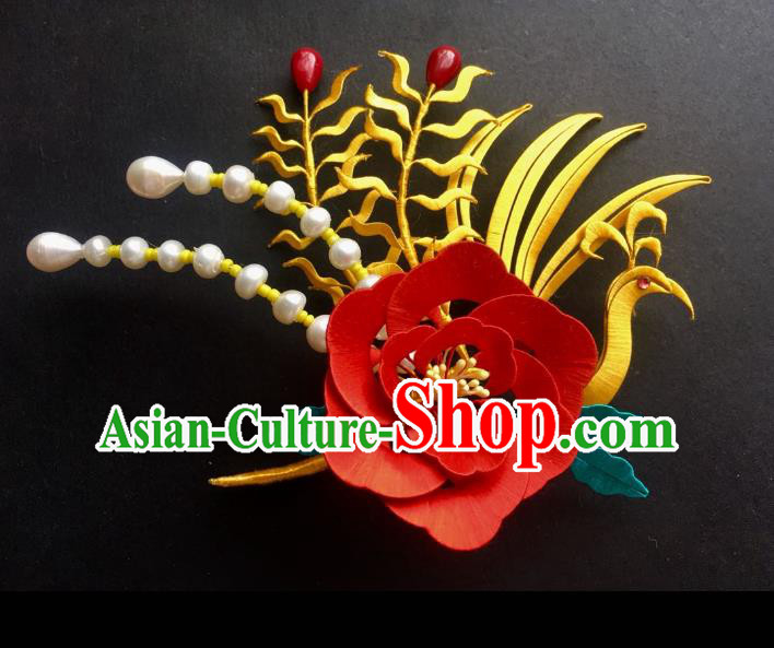 China Handmade Silk Golden Phoenix Hairpin Traditional Hanfu Headpiece Ancient Song Dynasty Noble Woman Red Peony Hair Crown