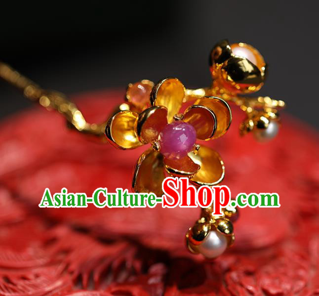 China Handmade Golden Plum Hairpin Traditional Qing Dynasty Court Headpiece Ancient Palace Lady Tourmaline Hair Clip