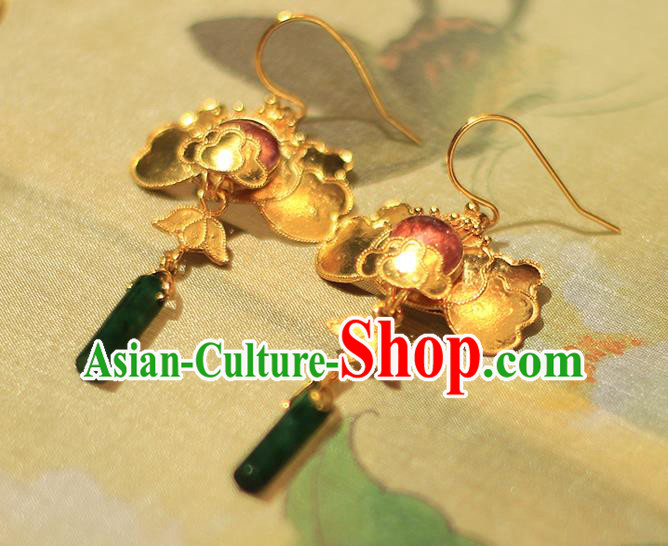 Chinese Traditional Cheongsam Ear Accessories National Jade Jewelry Handmade Golden Earrings