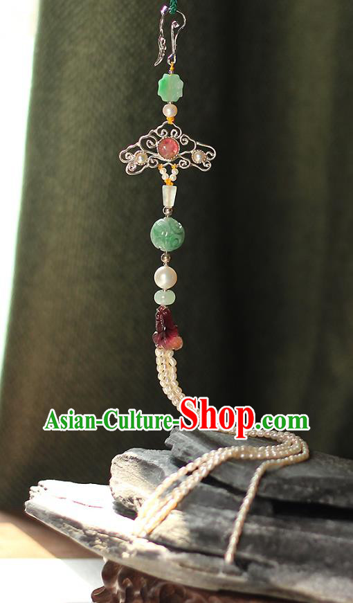 Chinese Ancient Qing Dynasty Court Woman Brooch Accessories Traditional Pearls Tassel Jade Pendant