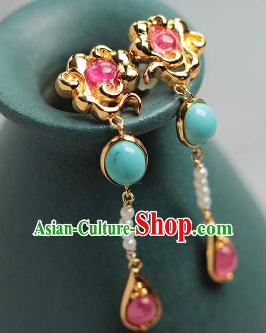 Chinese Traditional Cheongsam Golden Cloud Ear Accessories National Pearls Jewelry Handmade Tourmaline Earrings