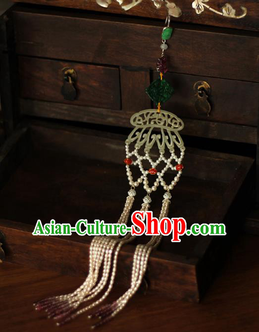 Chinese Ancient Qing Dynasty Imperial Concubine Jade Brooch Accessories Traditional Cheongsam Pearls Tassel Pendant