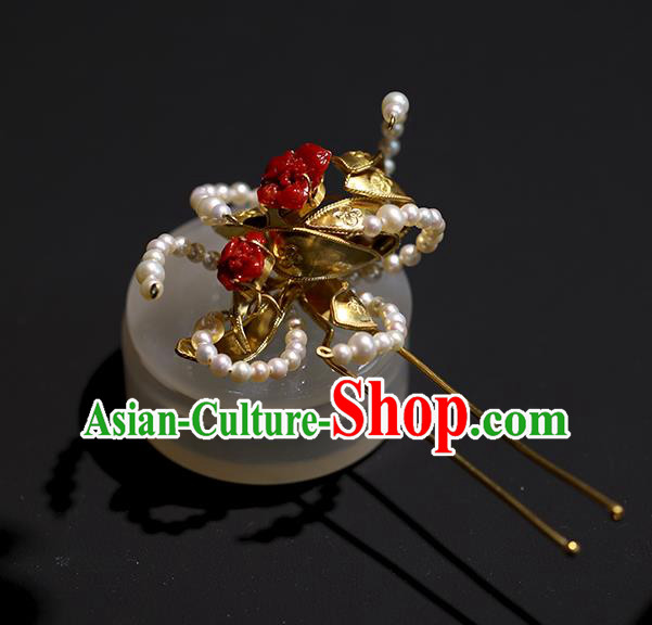 China Handmade Agate Pearls Hairpin Traditional Qing Dynasty Headdress Ancient Court Empress Golden Hair Stick