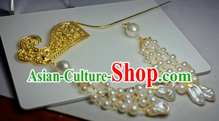 China Handmade Tang Dynasty Empress Hairpin Traditional Hanfu Hair Accessories Ancient Court Pearls Tassel Hair Stick