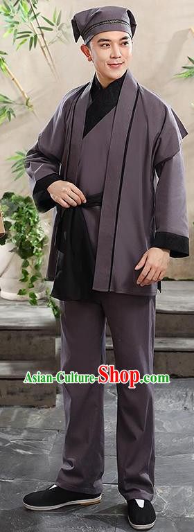 China Ming Dynasty Farmer Garment Ancient Drama Clothing Waiter Civilian Male Stage Performance Grey Suits and Headwear