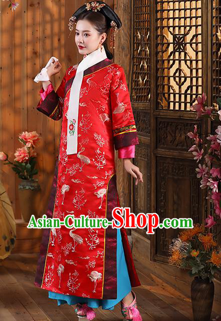 China Traditional Qing Dynasty Queen Garment Costumes Ancient Empress Red Dress Clothing and Headwear