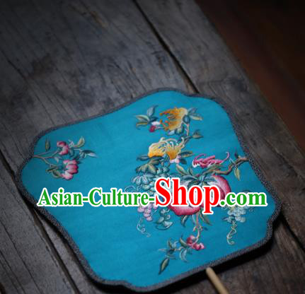 China Handmade Embroidered Peach Fan Classical Blue Silk Palace Fan Traditional Song Dynasty Hanfu Fan