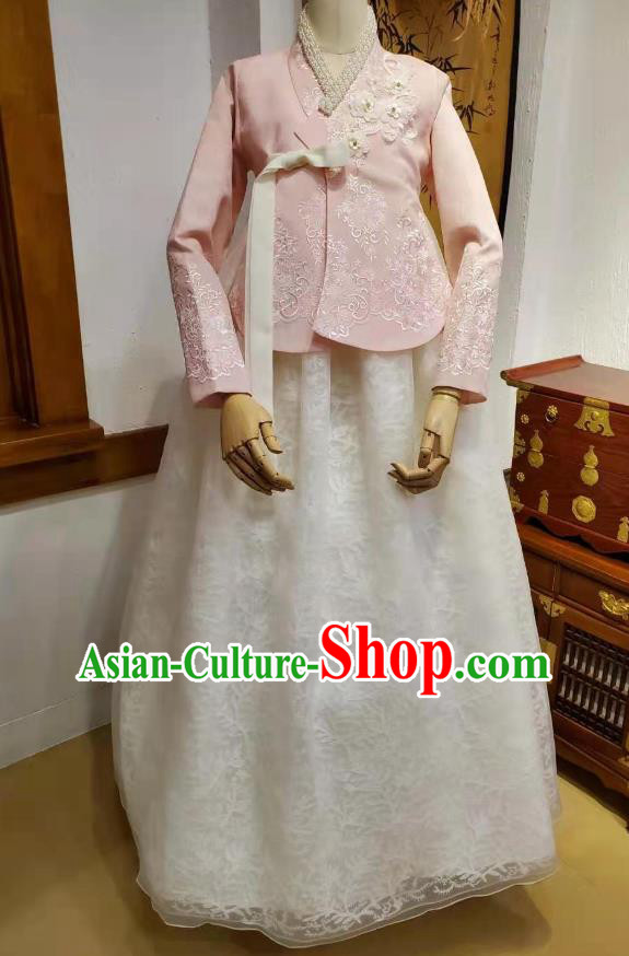 Korean Wedding Hanbok Clothing Asian Korea Bride Pink Blouse and White Dress Garments Traditional Fashion