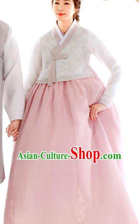 Korean Bride Hanbok Clothing Wedding White Blouse and Pink Dress Asian Korea Traditional Garments Fashion