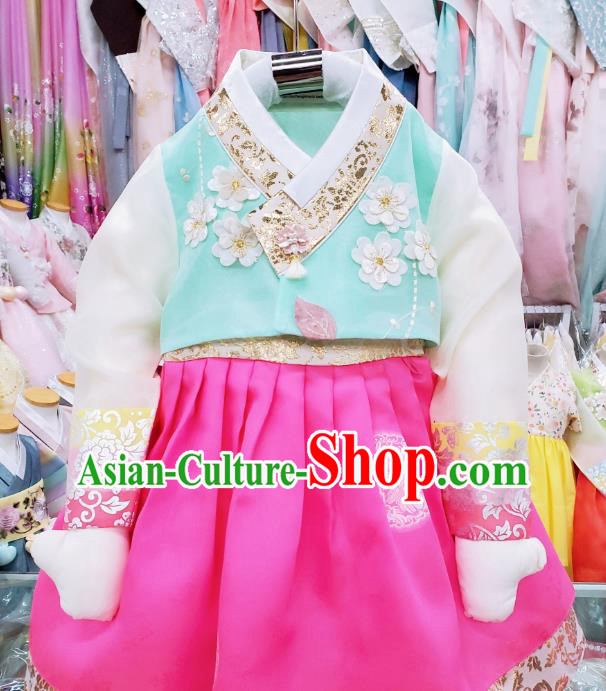 Asian Korea Girl Blue Blouse and Rosy Dress Korean Traditional Children Garments Fashion Performance Hanbok Clothing