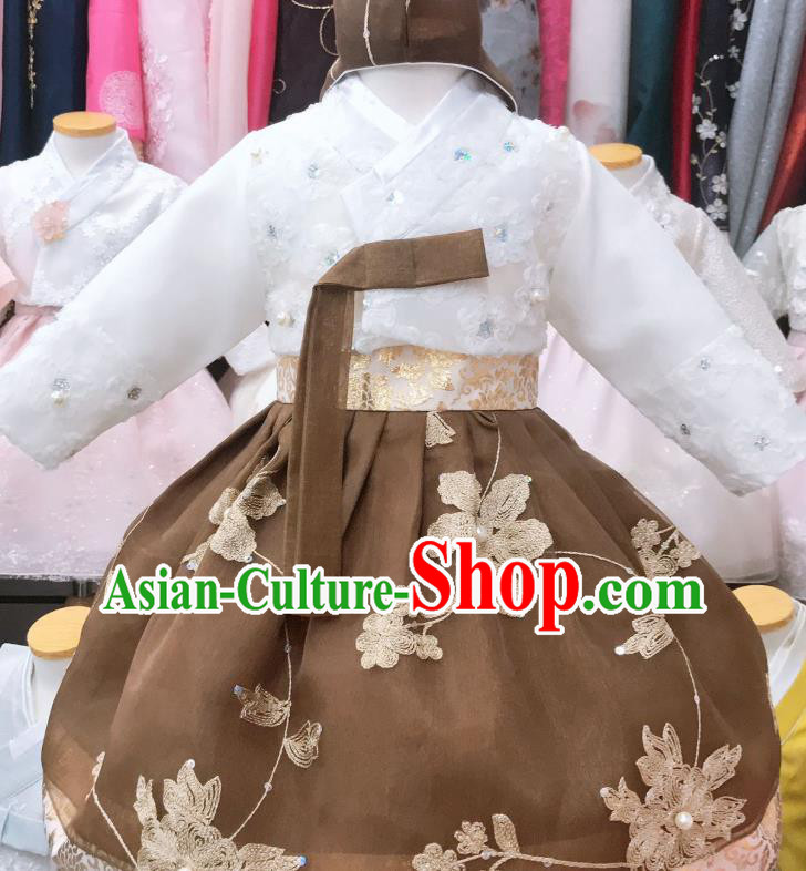 Asian Korea Traditional Festival Hanbok Clothing Girl White Blouse and Brown Dress Korean Children Garments Fashion