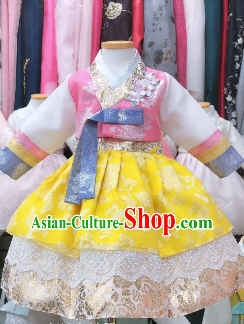 Asian Korea Children Garments Fashion Traditional Festival Hanbok Clothing Korean Girl Pink Blouse and Yellow Dress