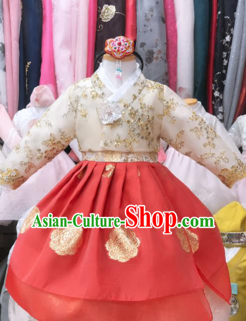 Asian Korea Children Princess Garments Fashion Traditional Birthday Hanbok Clothing Korean Girl Beige Blouse and Red Dress