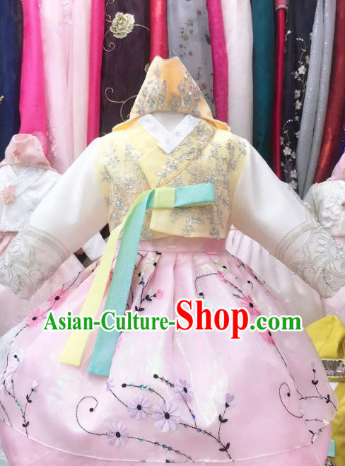 Asian Korea Traditional Birthday Hanbok Clothing Korean Girl Yellow Blouse and Pink Dress Children Princess Garments Fashion