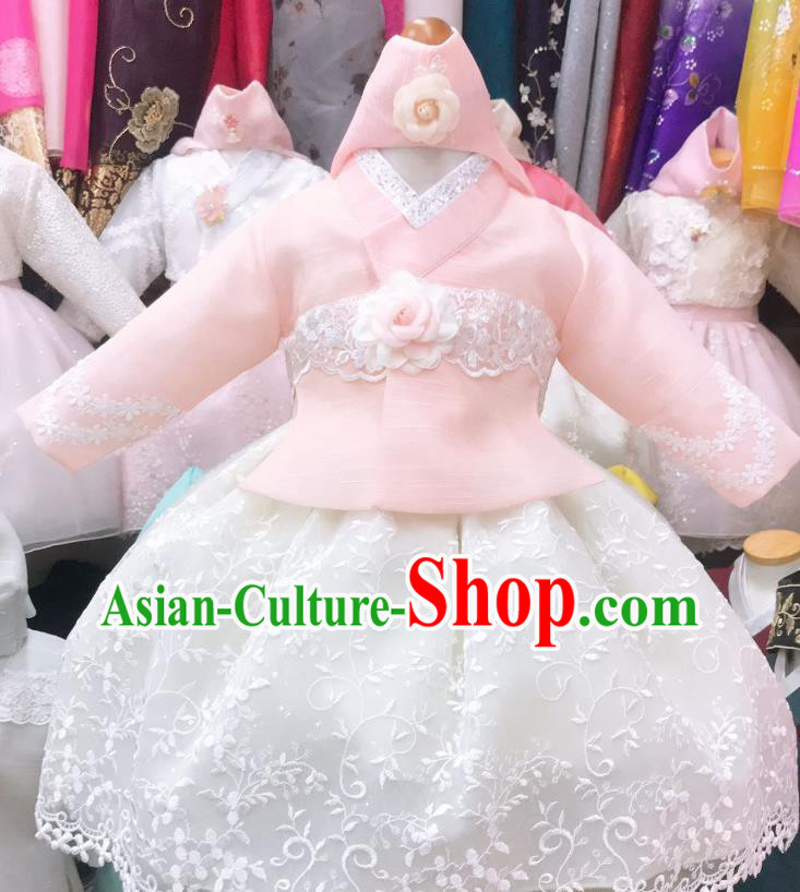 Asian Korean Traditional Birthday Hanbok Clothing Girl Pink Blouse and White Dress Korea Children Princess Garments Fashion