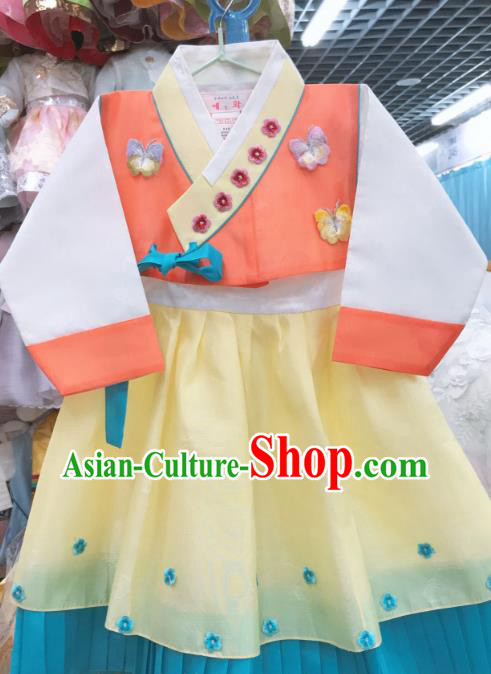 Asian Korea Traditional Fashion Garments Korean Court Princess Hanbok Clothing Girl Orange Blouse and Yellow Dress