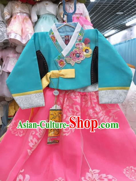 Asian Korea Court Hanbok Clothing Girl Performance Blue Blouse and Pink Dress Traditional Korean Fashion Garments