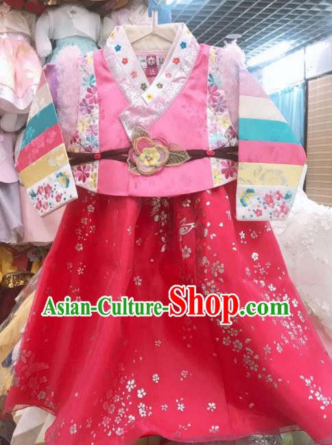 Asian Korean Hanbok Clothing Korea Children Pink Vest Blouse and Rosy Dress Traditional New Year Garments Fashion