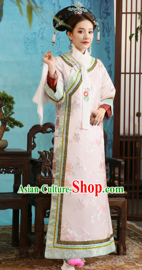 Traditional China Qing Dynasty Imperial Concubine Pink Dress Ancient Garment Court Beauty Historical Clothing and Headpieces