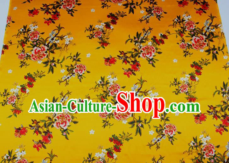 China Classical Printing Peony Cloth Yellow Satin Drapery Traditional Cheongsam Silk Fabric