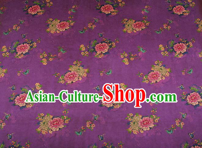 China Silk Fabric Classical Cheongsam Gambiered Guangdong Gauze Traditional Peony Pattern Purple Brocade Drapery