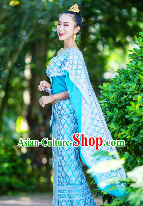 Asian Thai Stage Performance Dance Clothing Traditional Thailand Court Princess Blue Dress Uniforms