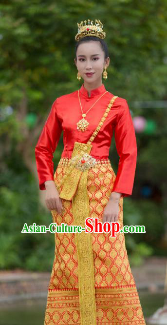 Asian Thai Woman Stage Performance Clothing Traditional Thailand Court Princess Red Blouse and Skirt Uniforms