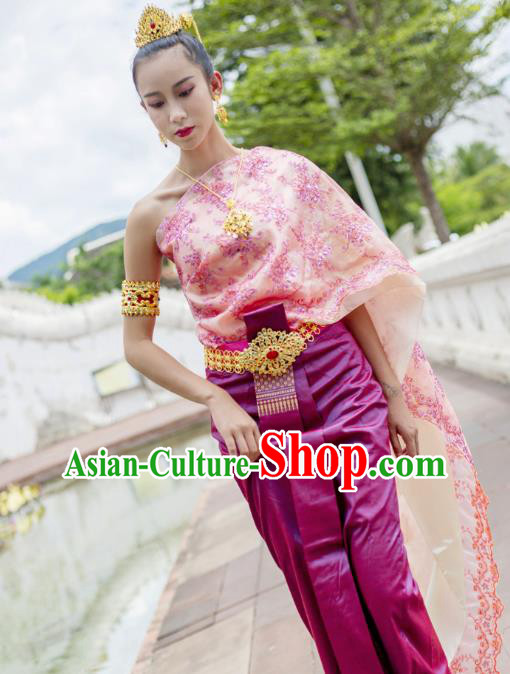 Asian Thai Folk Dance Dress Clothing Traditional Thailand Court Princess Blouse and Purple Skirt Uniforms
