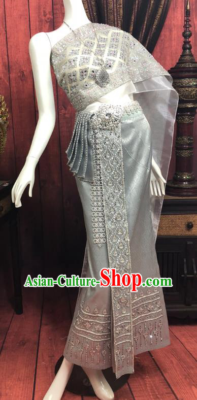 Asian Thai Palace Woman Dress Clothing Traditional Thailand Court Consort Top and Grey Skirt Uniforms