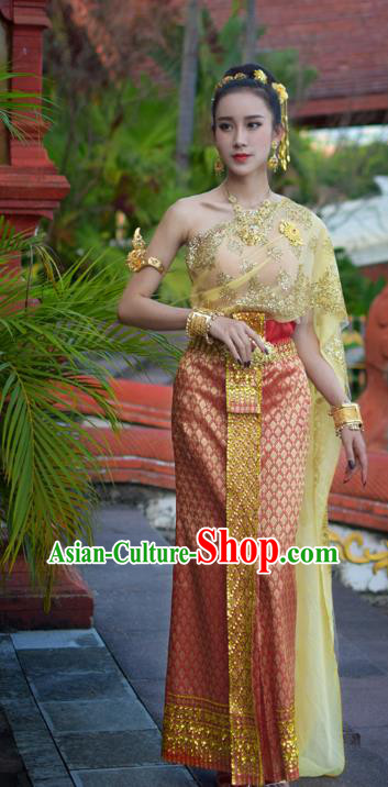 Asian Thai Imperial Concubine Dress Clothing Traditional Thailand Wedding Top and Red Skirt Uniforms