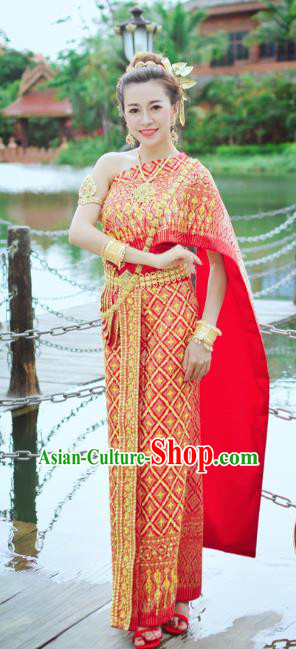 Asian Thai Court Woman Dress Clothing Traditional Thailand Embroidery Blouse and Red Skirt Wedding Uniforms