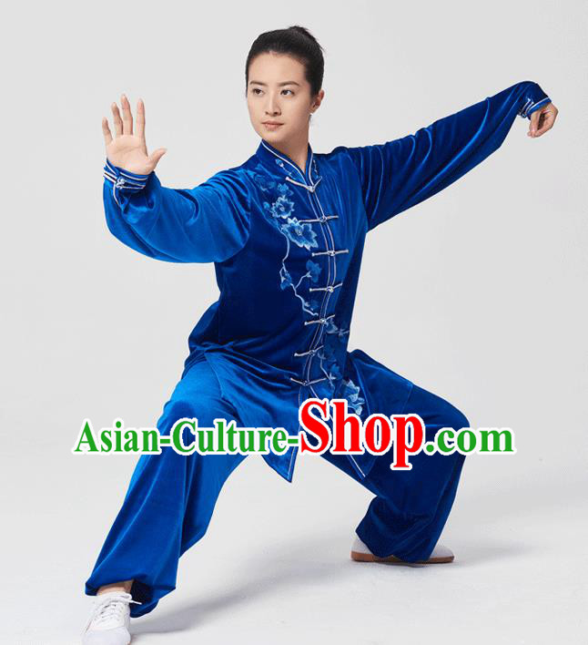 China Tai Chi Kung Fu Costumes Traditional Martial Arts Embroidered Royalblue Velvet Uniforms