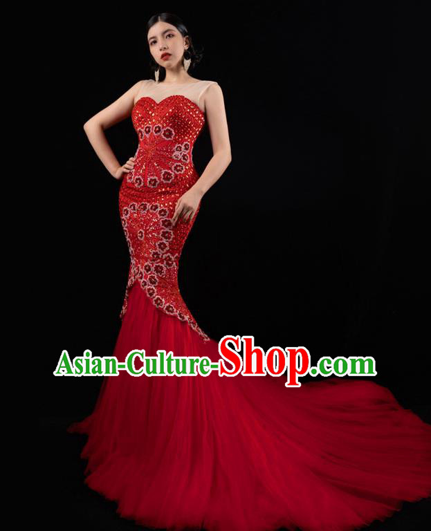 Top Grade Stage Performance Costume Beading Embroidery Full Dress Modern Dance Red Veil Trailing Dress