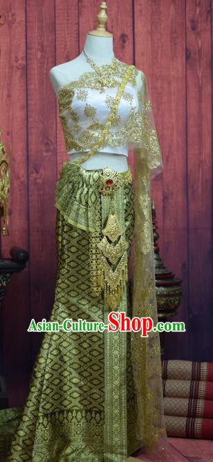 Asian Thai Wedding Uniforms Blouse and Green Skirt Traditional Thailand Bride Dress Clothing