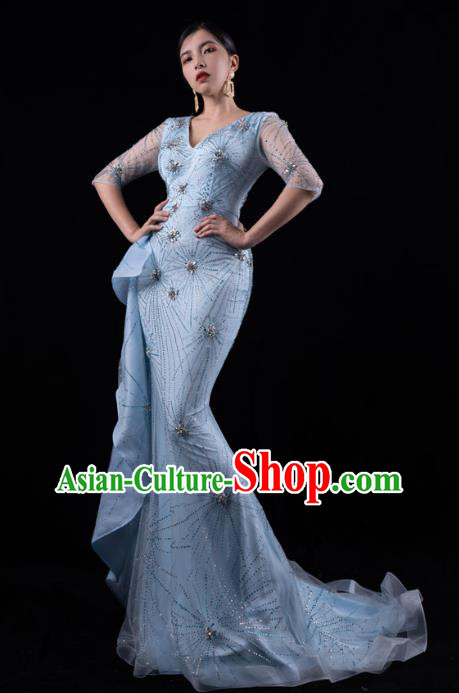 Top Grade Catwalks Blue Trailing Dress Stage Performance Costume Fishtail Dress