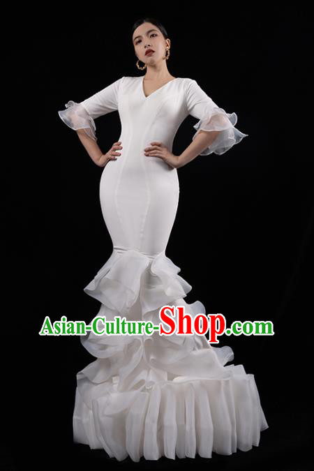 Top Grade Fishtail Dress Catwalks White Veil Dress Stage Performance Costume