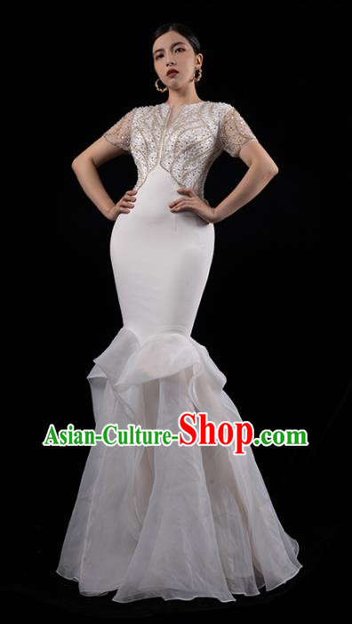 Top Grade Stage Performance Costume Fishtail Dress Catwalks White Veil Dress