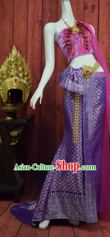 Asian Thai Rosy Blouse and Purple Trailing Skirt Traditional Thailand Court Dress Clothing Wedding Bride Uniforms