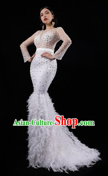 Top Grade Compere Full Dress Catwalks White Feather Trailing Dress Stage Performance Costume