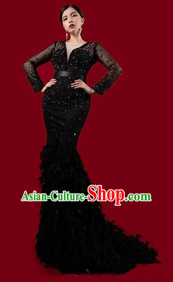 Top Grade Stage Performance Costume Compere Full Dress Catwalks Black Feather Trailing Dress