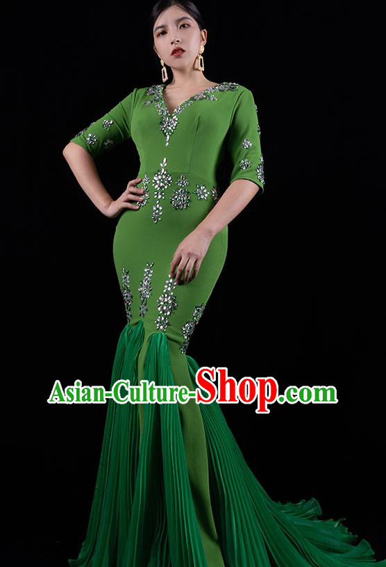 Top Grade Catwalks Green Trailing Dress Stage Performance Costume Annual Meeting Compere Full Dress