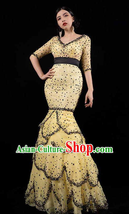 Top Grade Annual Meeting Compere Layered Full Dress Stage Performance Costume Catwalks Yellow Fishtail Dress