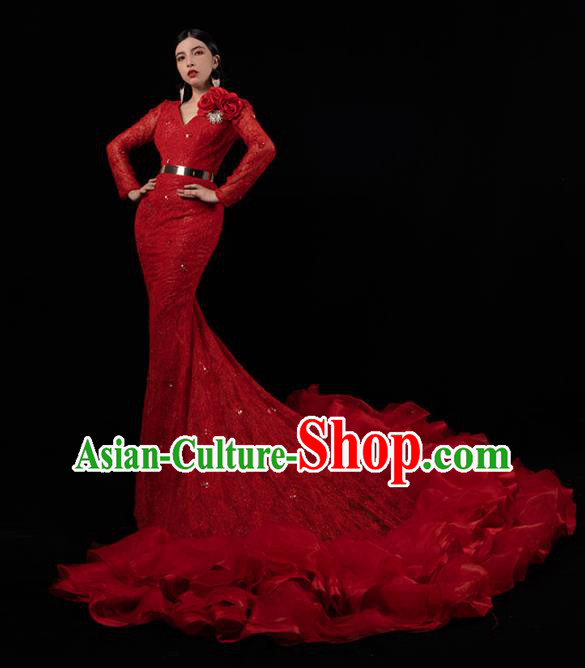 Top Grade Annual Meeting Compere Full Dress Catwalks Red Veil Long Trailing Dress Stage Performance Costume