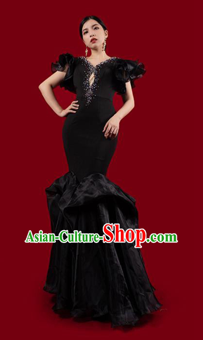 Top Grade Stage Show Clothing Catwalks Black Fishtail Dress Annual Meeting Compere Full Dress