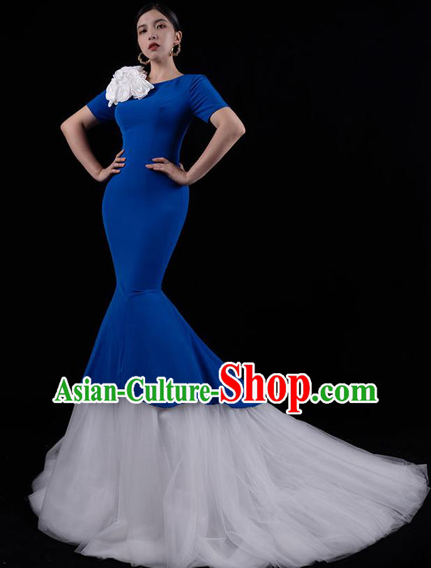 Top Grade Catwalks White Veil Trailing Dress Stage Show Compere Clothing Annual Meeting Royalblue Full Dress