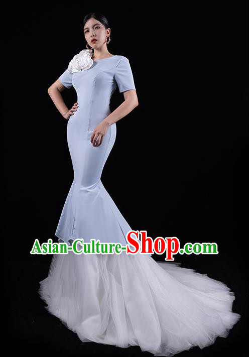 Top Grade Annual Meeting Light Blue Full Dress Catwalks White Veil Trailing Dress Stage Show Compere Clothing
