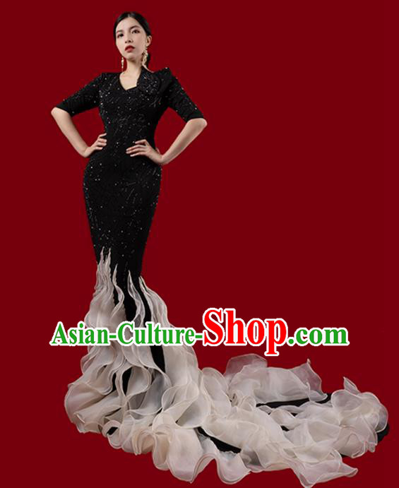 Top Grade Stage Performance Costume Annual Meeting Compere Black Fishtail Full Dress Catwalks Trailing Dress