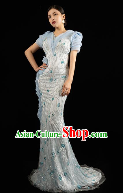 Top Grade Annual Meeting Embroidery Full Dress Catwalks Compere Light Blue Dress Stage Show Clothing